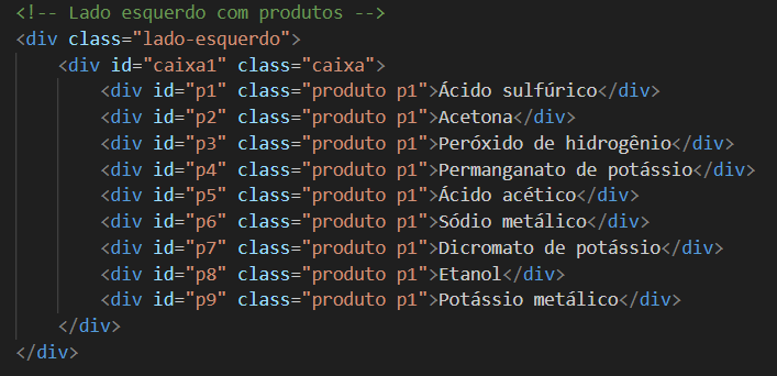 lista de produtos químicos num div